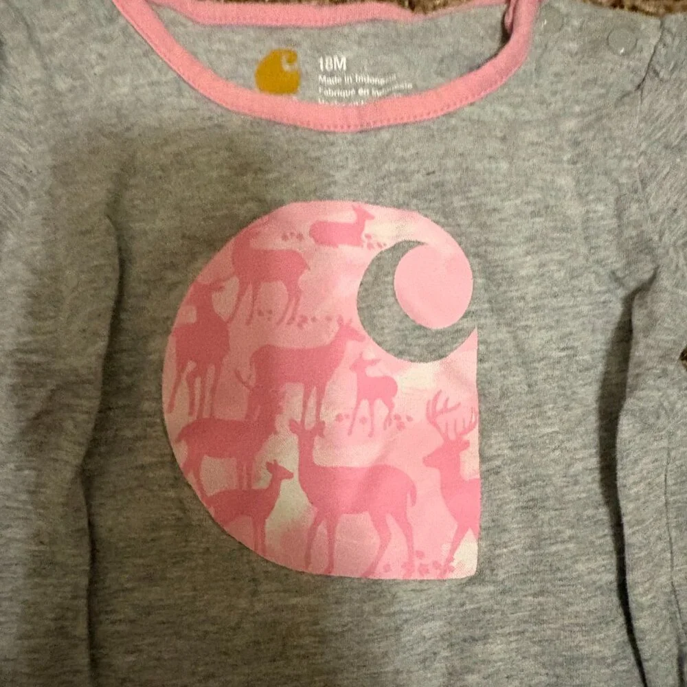 Carhartt Long Sleeve Bodysuit 18 Months Gray Pink Deer Graphic Trim 100% Cotton